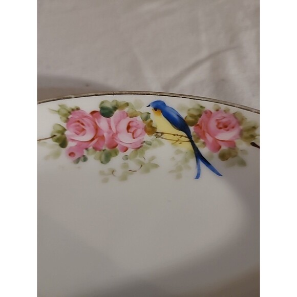 Nippon Handpainted China Trinket Dish 7.75" Pink Rose W/bluebird - Picture 9 of 11